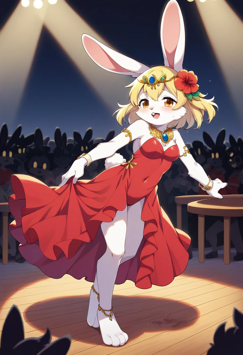 ((Masterpiece)), ((Best Quality)), (Very Detailed), ((Very Detailed)), 4K, (8K), very aesthetic, absurdres highres, 1 girl, (anthropomorphic rabbit, furry, kemono:1.8), Flamenco dancer, red dress, ruffles, flower hairpiece, passionate look, sweat, graceful pose, wooden stage, spotlight, audience, night, red, orange, yellow, white light, sweat shine, dress shine , intense gaze, graceful movements, turns, steps, hand movements