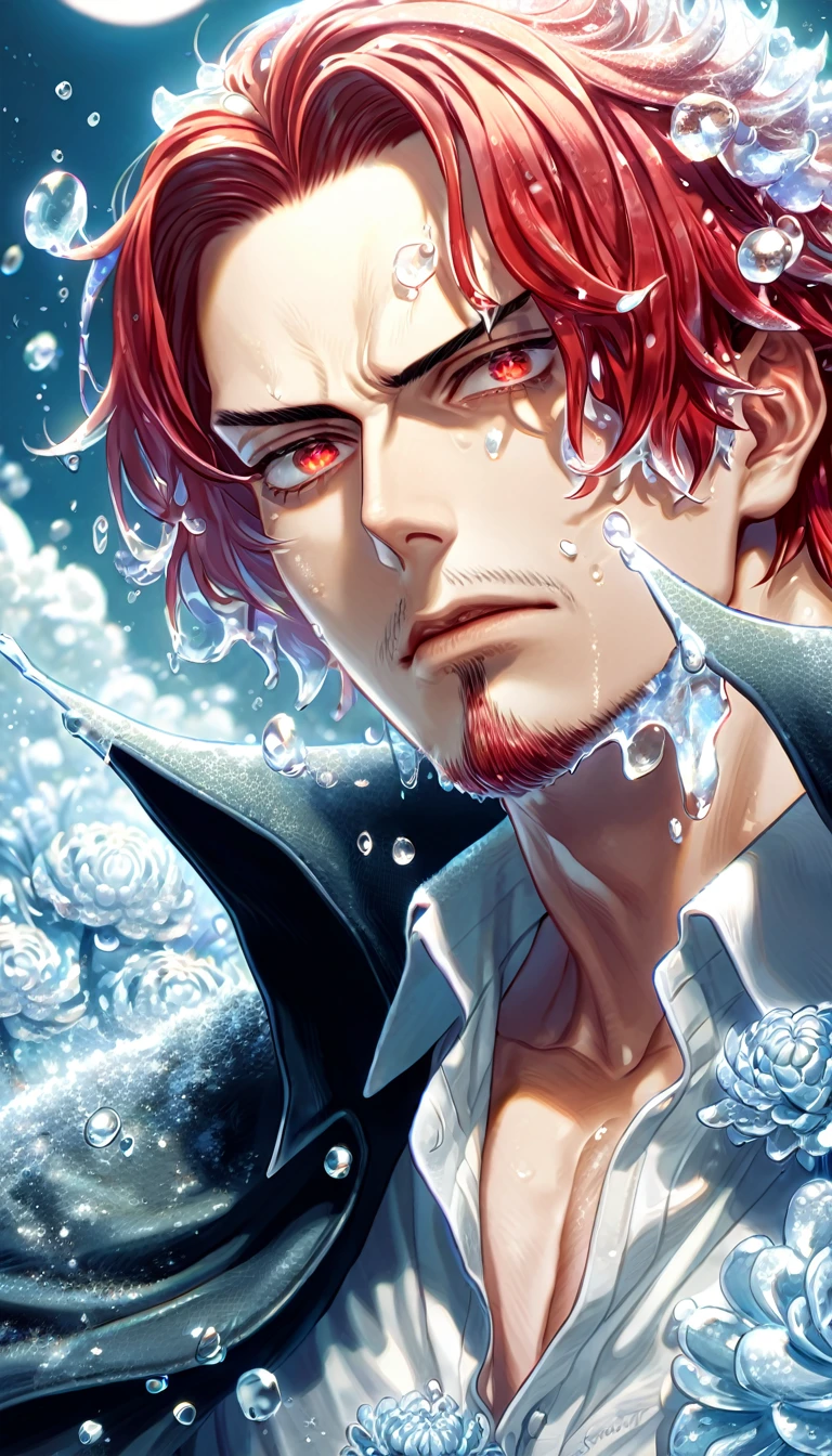 absurdres, highres, ultra detailed, HDR, master piece, best quality, extremely detailed, Shanks, red hair, expressive red eyes, faint beard, One Piece, solo, sexy man, handsome, black cape, white shirt, fantasy, sparkling, ice glittering fireflies, ice moon, ice, ice chrysanthemums, blue sparkling lights, magical, snowing, ice style