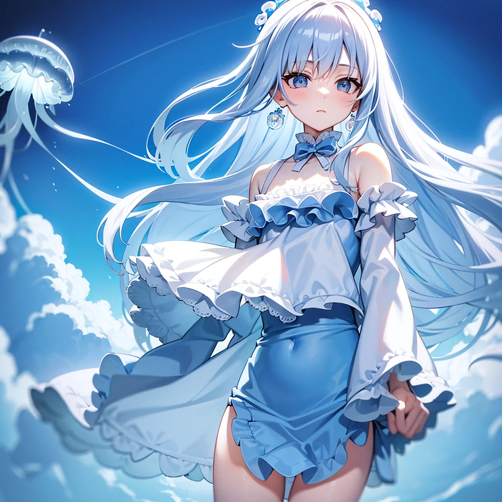 jellyfish girl fantastic silver hair pale sky blue
sky blue Lolita onepiece deep sea
white castle