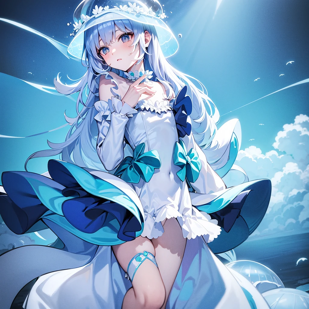 jellyfish girl   fantastic  silver hair   pale sky blue
    sky blue Lolita onepiece  deep sea   
white castle  