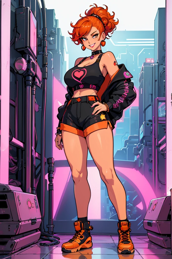 (masterpiece, best quality, high resolution, ((huge breasts))1 girl, sensual body, very curly orange hair, pink lips, punk style hairstyle, big black orange sweatshirt cyberpunk style, very short cyberpunk style shorts, long stockings with stars, choker, bracelets, long earrings, flirty smile,( white background, stickers. Redmond), ((full body standing)),
