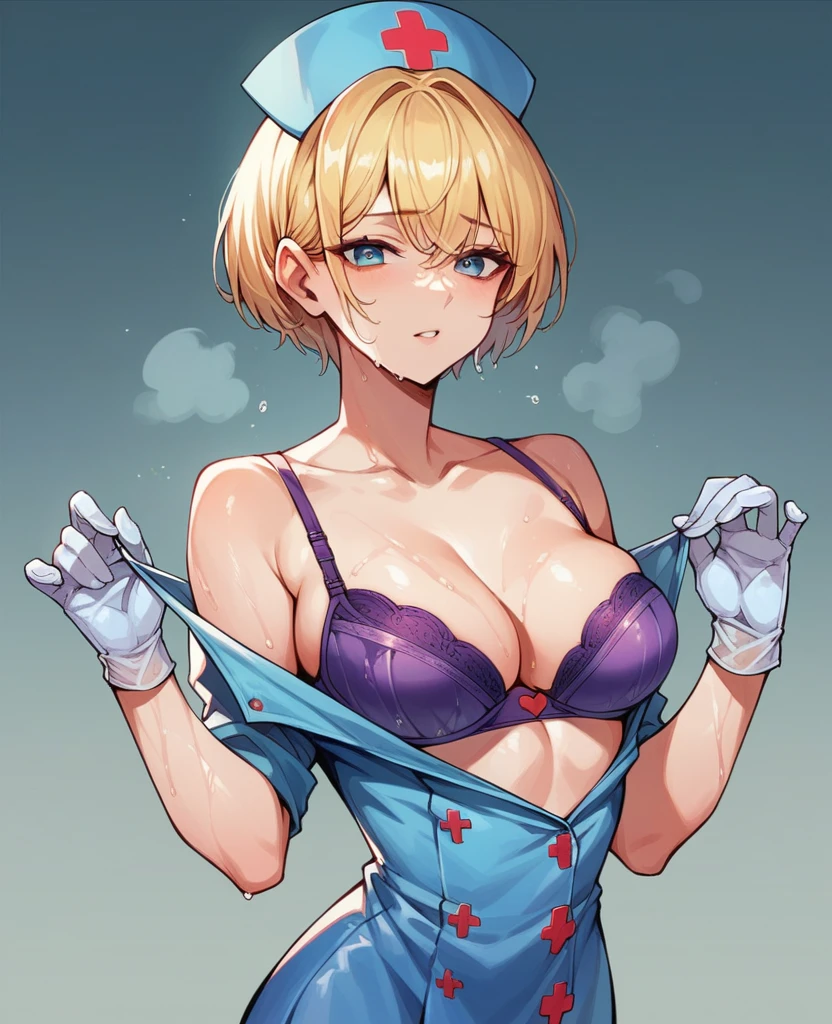 Nurse in blue dress,skin fair, short blonde hair with bangs,showing wet purple bra,wearing a glove,sadistic look