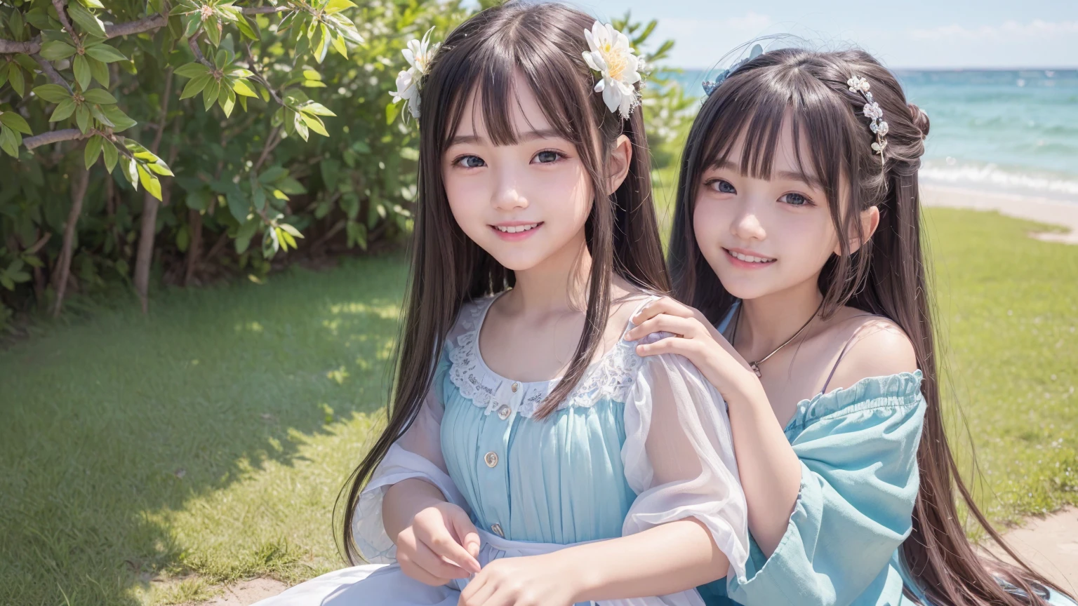 ((Attention to detail)),(Super detailed), Highly detailed CG Unity 8k wallpaper, beautiful girl,((Two people)), Highest quality, 8k, ((8-year-old))、girl、Long straight hair、Summer outfit、((Happy smile))、((Bust Shot))、(sea)、