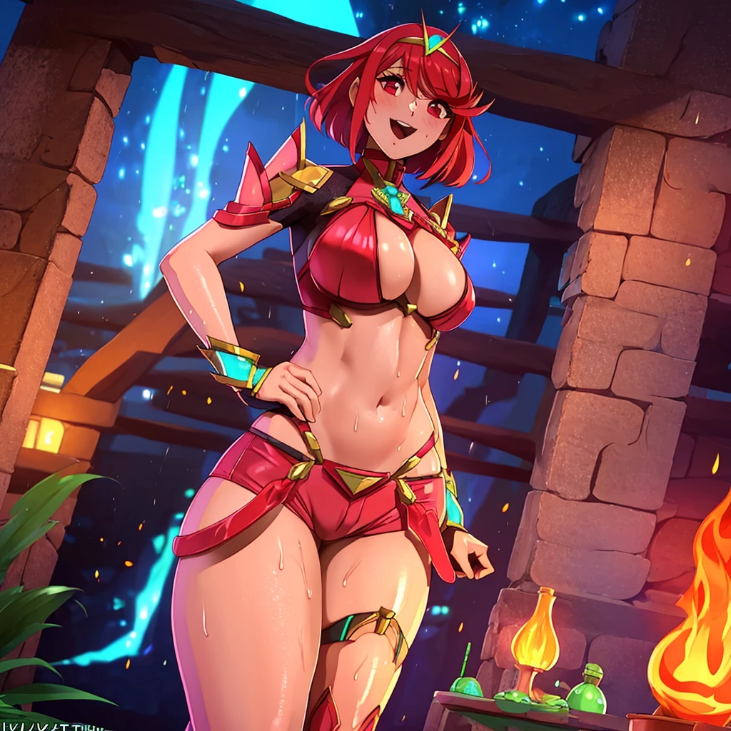 masterpiece,Highest quality,Bonfire,\(Xenoblade\),Xenoblade chronicles \(series\), (Xenoblade chronicles 2),One girl, armor, bangs, black gloves, chest, Red eyes,Earrings, eyelash, fingerless gloves, Floating Hair, framed chest, gem, gloves, hair ornaments, Headpiece, jewelry, huge chest, Lean back, leotard, Neon Trim, Official Art, Redhead, red Shorts, saitou masatsugu, short hair, short Shorts, Short sleeve, Shorts, Side Lock, Fits perfectly to the skin, alone,swept bangs, Knee socks, tiara, turtleneck, Underbust, Arm guard,Mr.々A pose,Falling Fire,Thighs,(Wet String Bikini Armor Wide Hips:1.2),Deep valley,Sitting,Spread your legs,Leg spread,smile,Mouth closed,gigantic chest,Represents medium, transparent, See through, Browsing Caution, transformation,Girls urinating,Embarrassing, Dirty alley, Correct Anatomy, masterpiece, Bottom-up perspective,No pants,No pants, Attractive face:1.6), (Excited:1.5), shy, Represents medium off, See through, Blink, Nipples exposed,Estrus, blush, Erect nipples, Protruding areola,