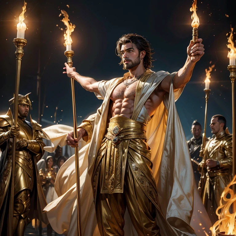 ((picture-perfect)), ((face perfect)), ((ultra detaild)), ((fully body)), ((perfectbody))A man dressed in linen, and their loins girded with fine gold from Ufaz; And his body was like beryl, and his face looked like lightning, and your eyes like torches of fire, and his arms and his feet shone like polished bronze; and the voice of his words was like the voice of a multitude