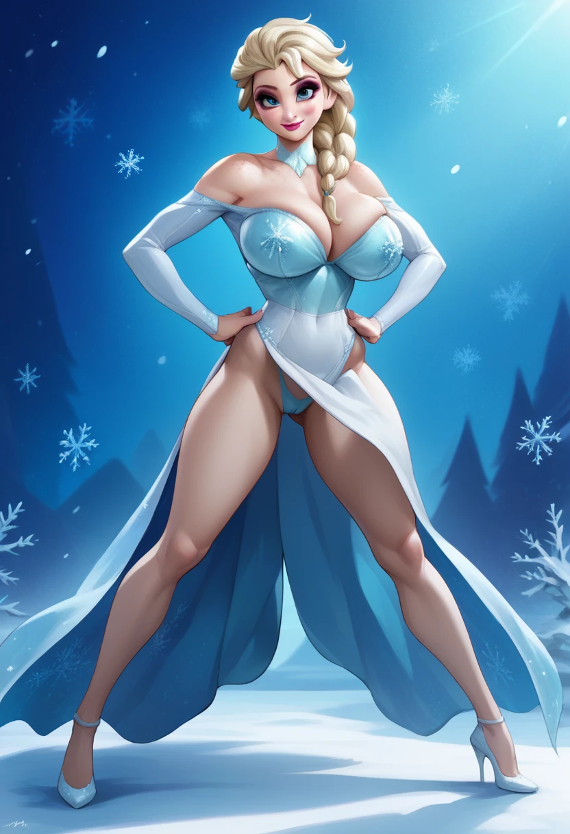 score_9, score_8_up, score_7_up, score_6_up,source_Anime, elsa, 1girl, elsa (frozen), solo, blue eyes, blonde hair, long hair, skimpy dress, huge breasts, bouncy breasts, makeup, freckles, smile, full lips, lipstick, bare shoulders, snowflakes, single braid, off shoulder, wide hips, slim waist, pelvic curtain, cameltoe, hands on own hips, white dress, full body