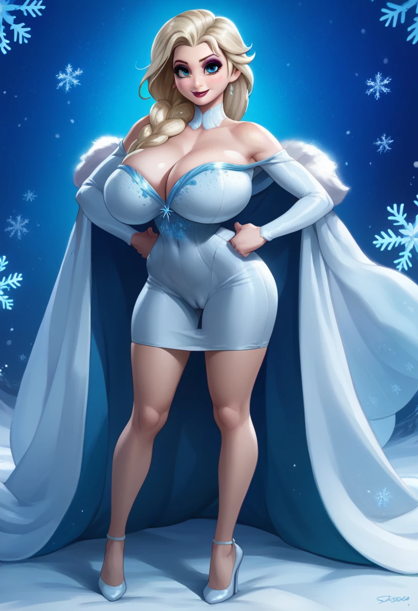 score_9, score_8_up, score_7_up, score_6_up,source_Anime, elsa, 1girl, elsa (frozen), solo, blue eyes, blonde hair, long hair, skimpy dress, huge breasts, bouncy breasts, makeup, freckles, smile, full lips, lipstick, bare shoulders, snowflakes, single braid, off shoulder, wide hips, slim waist, pelvic curtain, cameltoe, hands on own hips, white dress, full body