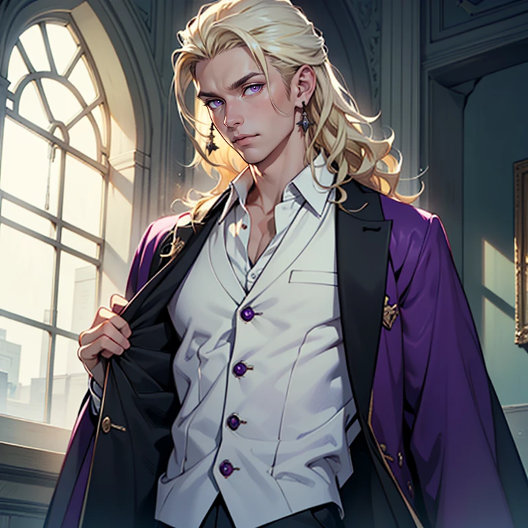 ((masterpiece)), (((best quality))), solo, 1 male, wizard, pale white skin, white-blonde hair, long hair, curly hair, handsome man, bright purple eyes, tall, robes, waistcoat, dress-shirt, simple earrings, highest quality, highly detailed, original, high resolution CG Unit 8k wallpaper, (best quality, artwork, masterpiece, 4k)