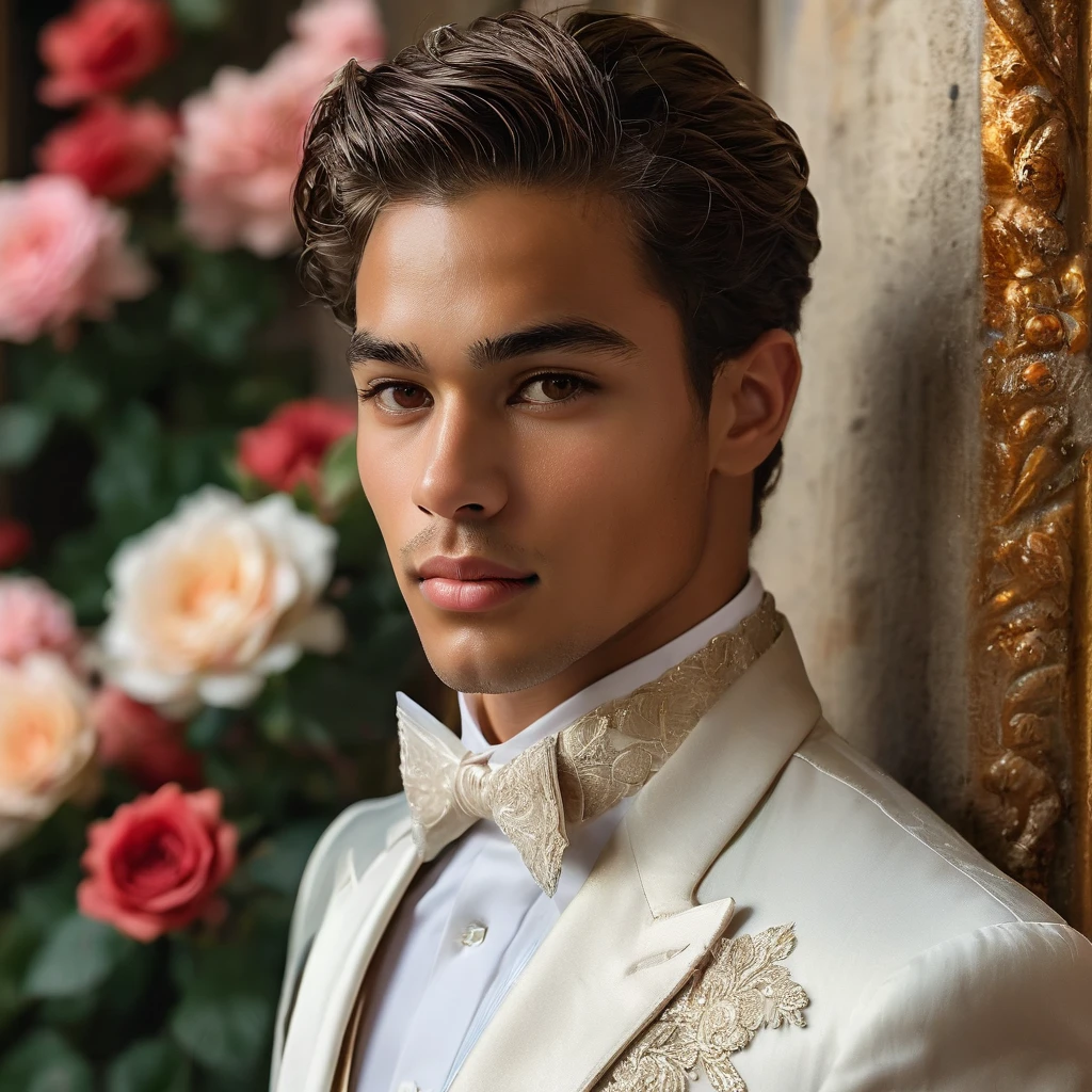 Create an image of a young man inspired by the characteristics of the rose 'The Prince, mixed race male model 23-25 year old, (angel face, prince eyes, lightly sweet smile), standing in a poised and regal posture, hand resting by his side, evokes a sense of deep contemplation and elegance. He is dressed in a deep, rich velvet jacket in dark deep purple or red wine, adorned with intricate embroidery and layered over a crisp black shirt, complemented by dark tailored trousers and polished black shoes. His clothing reflects the complex, multi-petaled structure of the rose, with detailed textures and luxurious fabrics.
The composition places the model slightly off-center, allowing for a view of a lush greenhouse garden background with glossy green leaves and hints of blooming deep-red roses, creating a natural yet sophisticated setting. Soft diffused lighting highlights the model's features and clothing, casting gentle shadows that add depth and dimension to the image. The overall atmosphere is one of quiet intensity and refined elegance, with a subtle hint of romanticism.
The photo is taken at eye level with a slight upward angle to emphasize the model's regal presence, using a medium-format camera, Canon EOS R7 and Sigma AF 85mm F1.4 EX DG HSM lens, used to achieve a shallow depth of field, ensuring the model stands out sharply against the softly blurred background.
 by photographers Thomas Synnamon known for his ability to capture elegance and refinement in fashion photography, golden hour dreamlike settings and intricate details complements the theme perfectly.