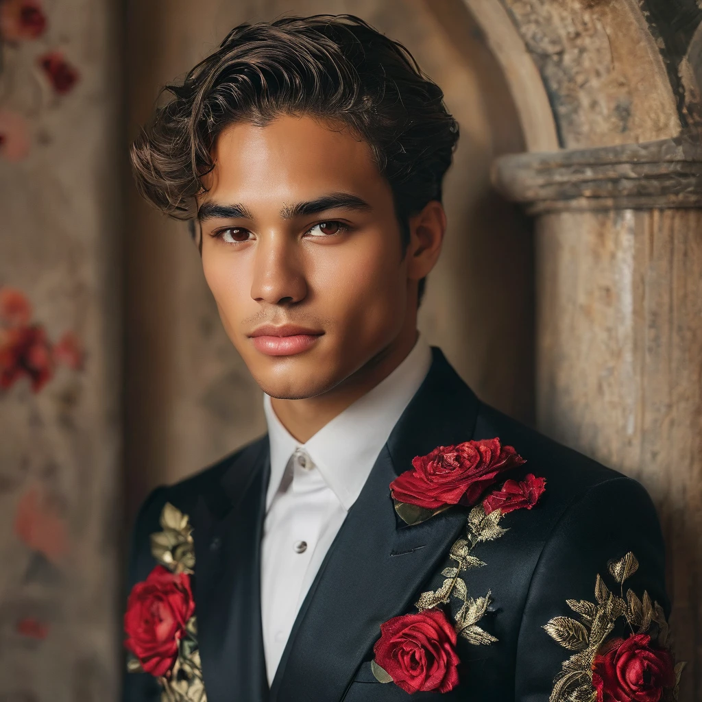 Create an image of a young man inspired by the characteristics of the rose 'The Prince, mixed race male model 23-25 year old, (angel face, prince eyes, lightly sweet smile), standing in a poised and regal posture, hand resting by his side, evokes a sense of deep contemplation and elegance. He is dressed in a deep, rich velvet jacket in dark deep purple or red wine, adorned with intricate embroidery and layered over a crisp black shirt, complemented by dark tailored trousers and polished black shoes. His clothing reflects the complex, multi-petaled structure of the rose, with detailed textures and luxurious fabrics.
The composition places the model slightly off-center, allowing for a view of a lush greenhouse garden background with glossy green leaves and hints of blooming deep-red roses, creating a natural yet sophisticated setting. Soft diffused lighting highlights the model's features and clothing, casting gentle shadows that add depth and dimension to the image. The overall atmosphere is one of quiet intensity and refined elegance, with a subtle hint of romanticism.
The photo is taken at eye level with a slight upward angle to emphasize the model's regal presence, using a medium-format camera, Canon EOS R7 and Sigma AF 85mm F1.4 EX DG HSM lens, used to achieve a shallow depth of field, ensuring the model stands out sharply against the softly blurred background.
 by photographers Thomas Synnamon known for his ability to capture elegance and refinement in fashion photography, golden hour dreamlike settings and intricate details complements the theme perfectly.