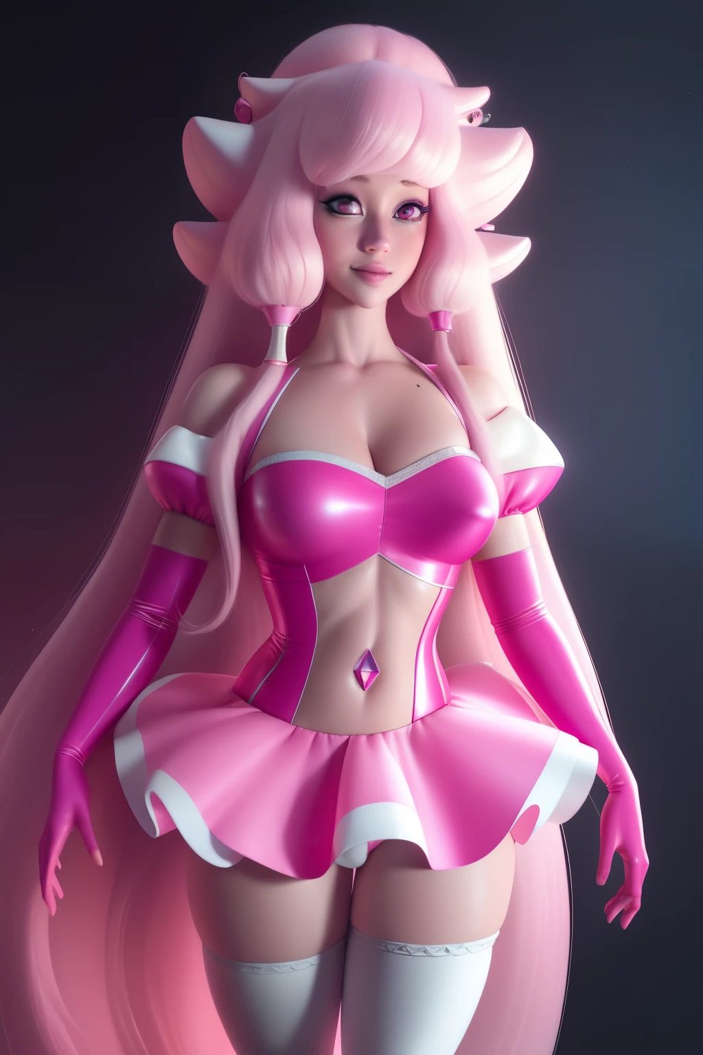 pnkdamond, pink hair, pink eyes, long hair, stomach gem, pink skin, toned,
puffy short sleeves, elbow gloves , white thighs, Puffy dress,
standing, Upper part of the body,
outer space,
(incredibly detailed, beautiful detailed face,Beautiful detailed eyes, Masterpiece, Best Quality) cinematic lighting, SMILE,