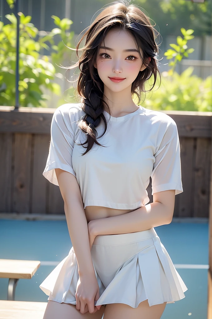 1 Girl,blush,eyelash,(Half bun:0.1),Messy hair,cosmetic,powder blusher,Beautifully detailed big round dark brown eyes,Double eyelids,Supermodel,Delicate and radiant pale skin,Smile,Looking at the audience,
Large Breasts,
Wangqiu,Blue shirt,Vague,Vague background,lens flare,Light,Lips,Looking at the audience,Short sleeve,Smile,Solitary,Sportswear,permanent,tennis court,,White skirt,wind,(Bare thighs),cleveage,
masterpiece,best quality,high quality,high resolution,Natural light,Light追踪,Volumetric Light,Practical,photoPractical,ultra high resolution,
