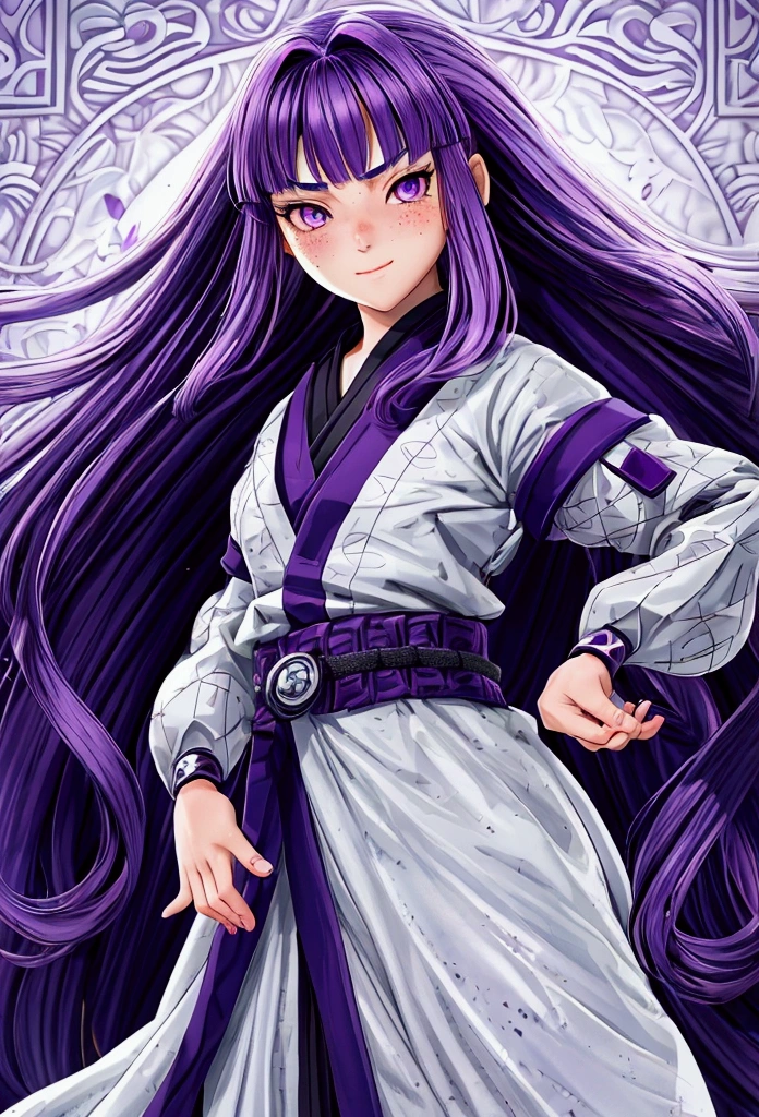 Hikari Hyuga, a girl with long hair with curtain fringe, purple hair not very dark but with light, white eyes, dressed as a ninja, elegant yet functional outfit, clear skin, light freckles, wavy hair with naruto style clothes