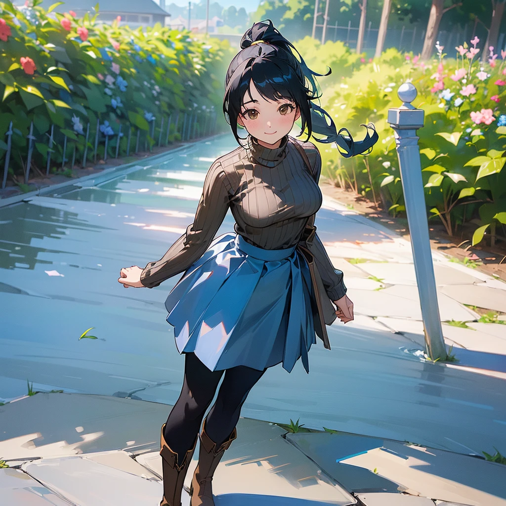 (high quality, High resolution, Very detailed, reality:1.37), Peaceful atmosphere, (Outdoor, garden), Teenage girl standing alone, (my breasts are big.), Beautiful details, Cute Smile, (Black hair ponytail), Ribbed sweater, Blue Skirt, Black tights, Brown boots.