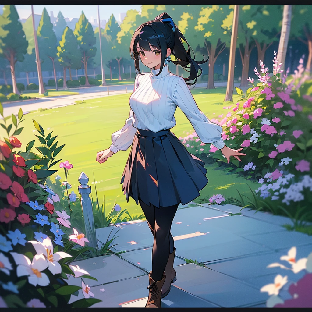 (high quality, High resolution, Very detailed, reality:1.37), Peaceful atmosphere, (Outdoor, garden), age girl standing alone, (my breasts are big.), Beautiful details, Cute Smile, (Black hair ponytail), Ribbed sweater, Blue Skirt, Black tights, Brown boots.
