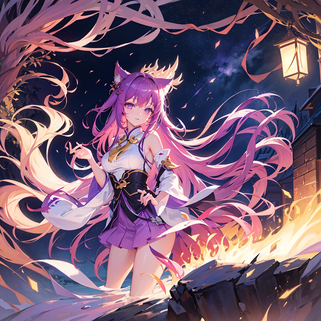 Ahri has striking features. She has long, flowing yellow hair that cascades down her back, complementing her vibrant purple eyes. The most unique aspect of Ahri's appearance is her nine tails, which are a mix of yellow and purple, exuding a soft and warm glow. Her overall look is enchanting and mysterious. Big plan on her.