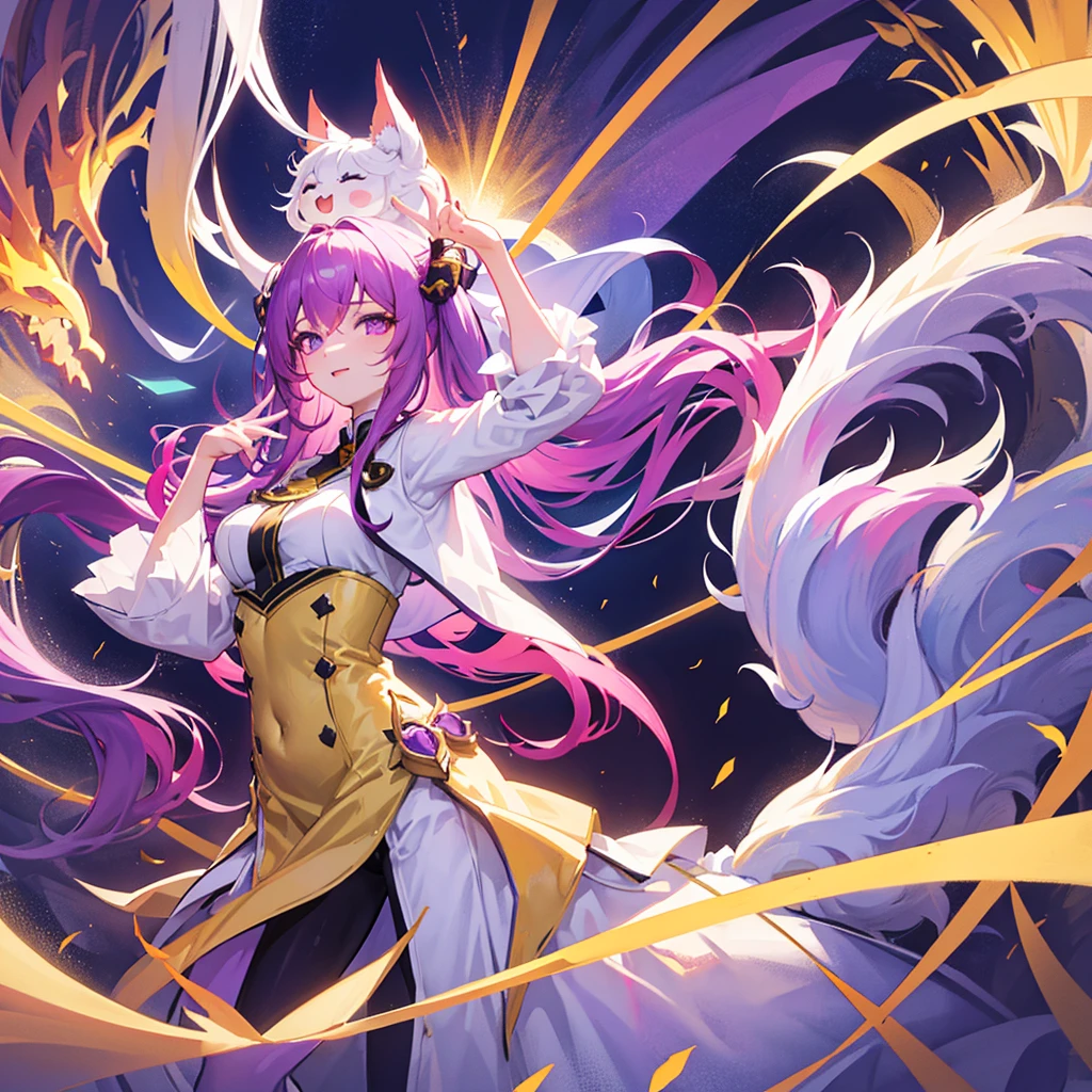 Ahri has striking features. She has long, flowing yellow hair that cascades down her back, complementing her vibrant purple eyes. The most unique aspect of Ahri's appearance is her nine tails, which are a mix of yellow and purple, exuding a soft and warm glow. Her overall look is enchanting and mysterious. Big plan on her.