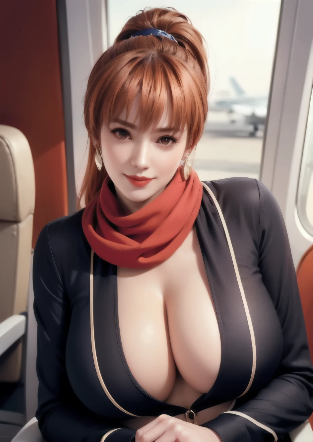 Full body shot of Kasumi, Young face, orange Hair, ponytail,  , Vivitone, alone, Shyly lowered face, Red cheeks, Shy laugh, A pose with a slight twist of the upper body, Side lighting, Shallow and sharp depth of field,(Very detailed),Realistic, (masterpiece), (High resolution), (8k wallpaper)， orange hair，huge breasts，Low-cut，Cleavage，earrings，necklace，pantyhose，Red lips，red lip，Huge breasts，super huge breasts，On the plane，Flight attendant，Airline stewardess，scarf，Flight attendants