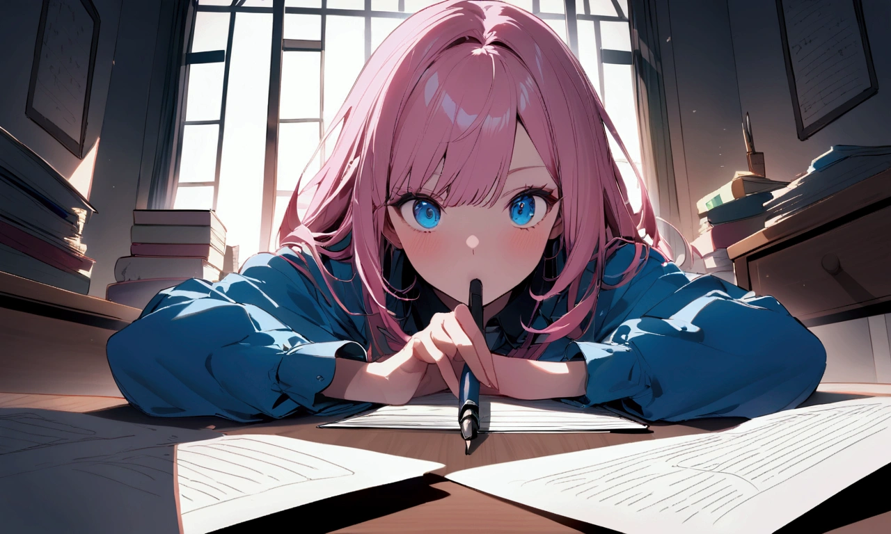 Sitting in front of a table、Write notes with a pen、than'It's incredible speed!、pink hair woman、blue colored eyes