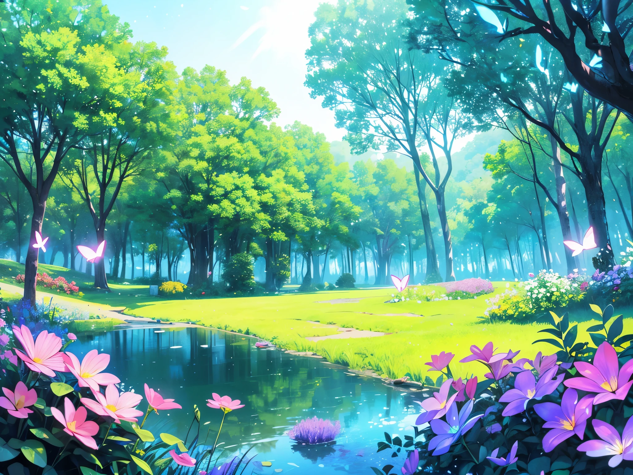 A mystical grove, with luminous flowers, multicolored neon butterflies, crystal clear water, beautiful trees, (((unique view with extremely vivid multicolors without any people))), {extremely detailed 16k CG wallpaper}, expansive natural landscape photography, (wide open field view), (low angle shot),complex details, (iridescent colors: 1.6), (bright lighting), (atmospheric lighting), Dreamy, unique, no people, reflections perfect,(no humans),landscape only,