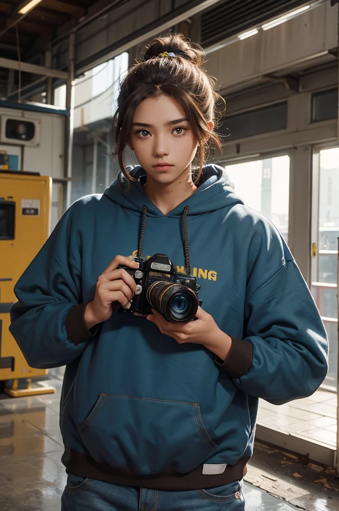 Blue and yellow eyes, holding old school camera in hand, hoodie on, thick brown hoodie, male, fair skin. 20 years old, brown hair in messy bun