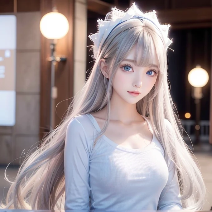 silver shiny hair、Super long straight silky hair、Dazzling blonde super long silky hair、16 years old cute little beautiful face、A beautiful girl、Sparkling blonde dancing in front of a pretty face、Long, silky bangs that cover the space between the eyes、Very beautiful, bright, large, light blue eyes、Very big eyes、Hair that hides the face、Sexy pretty young woman with super long bangs、Very white skin、Cheek gloss highlighter、Small Face Beauty、Round face、Cute Shirts、Ample Bust, embarrassed face、Skinny jeans and t-shirt、Smiling Face、One piece dress and straw hat