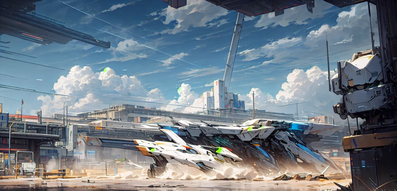 Sky, Clouds, holding_weapon, no_humans, Glow, Robots, Architecture, Science Fiction, Cities, Reality --v6