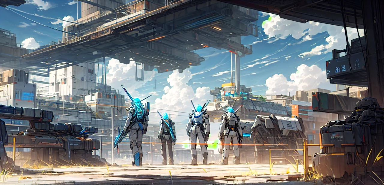 Sky, Clouds, holding_weapon, no_humans, Glow, Robots, Architecture, Science Fiction, Cities, Reality --v6