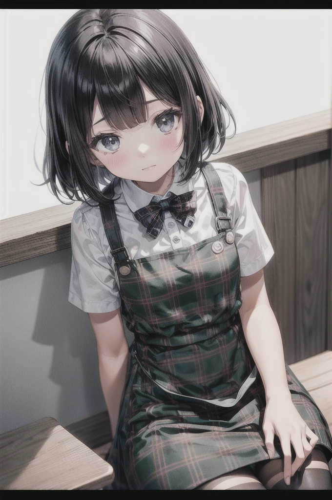 (Short cute girl,,Young and delicate girl),(masterpiece,Highest quality),Black tartan apron,Black medium bob,sleepy,White Background