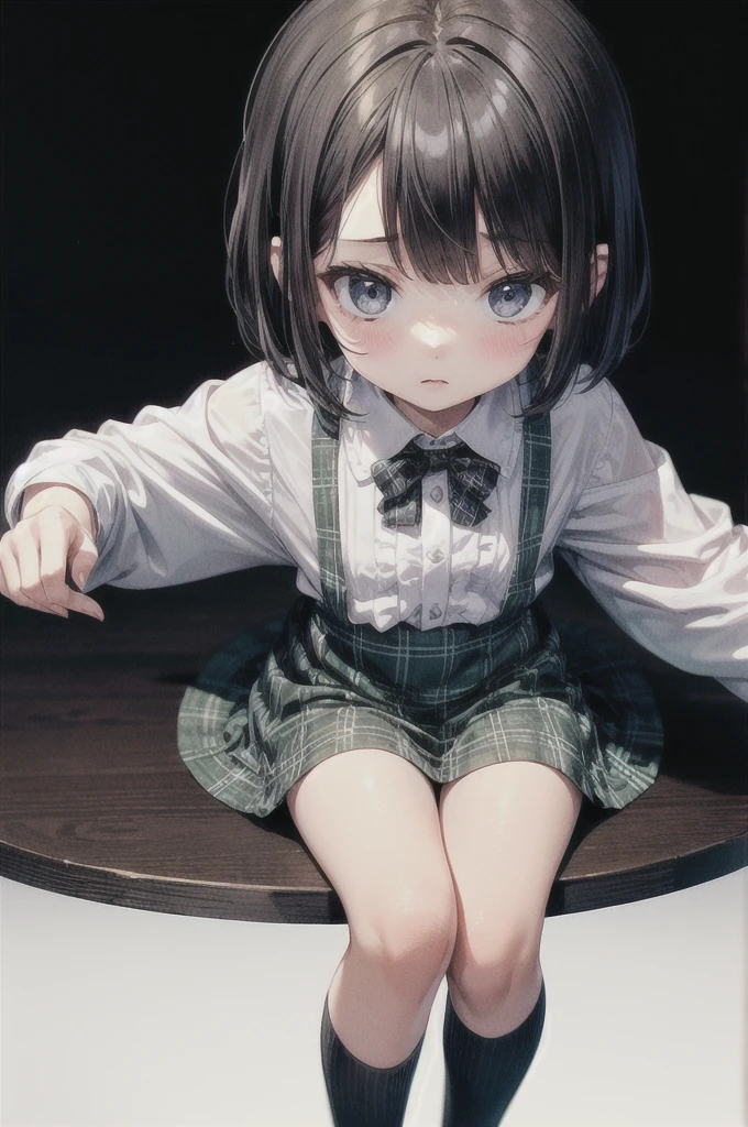 (Short cute girl，，Young and delicate girl）,（masterpiece，Highest quality)，Black tartan apron，Black medium bob，sleepy，White Background