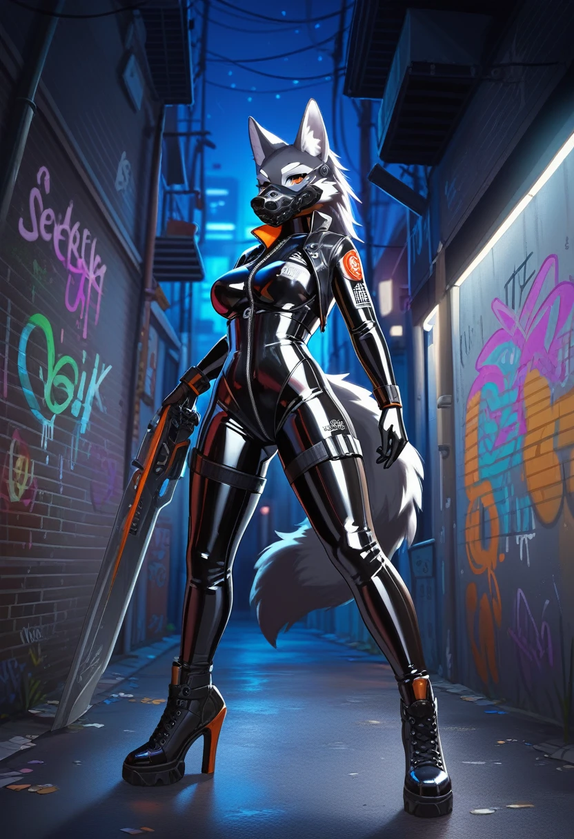 animation, Highest quality, Highest quality, High quality illustrations, masterpiece, Ultra-high resolution, Detailed Background, Alley, night, Graffiti art on the wall, Absurd, Perfect Anatomy, performance, Good lighting, Shadows in the movies(kemono, Furry Personifi猫ion), Wolf, woman, Black Skin, Rubber suit, latex, neon, neonライト, neonカラー, Bodysuits, Cyber Suit, Mech Suit, Rubber Half Jacket, cyber punk, Blade Runner, Holding a blade, Rubber Mask