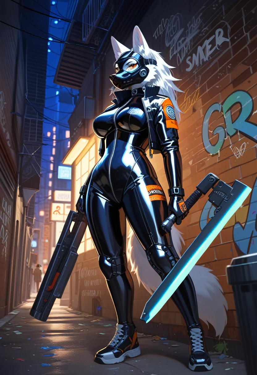 animation, Highest quality, Highest quality, High quality illustrations, masterpiece, Ultra-high resolution, Detailed Background, Alley, night, Graffiti art on the wall, Absurd, Perfect Anatomy, performance, Good lighting, Shadows in the movies(kemono, Furry Personifi猫ion), Wolf, woman, Black Skin, Rubber suit, latex, neon, neonライト, neonカラー, Bodysuits, Cyber Suit, Mech Suit, Rubber Half Jacket, cyber punk, Blade Runner, Holding a blade, Rubber Mask