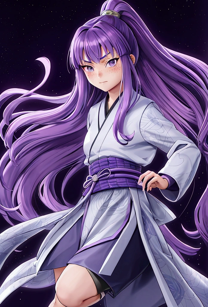 Hikari Hyuga, a 12 year old girl with long hair with curtain fringe, purple hair not very dark but with light, white eyes, dressed as a ninja, elegant yet functional outfit, clear skin, light freckles, wavy hair with naruto style clothes