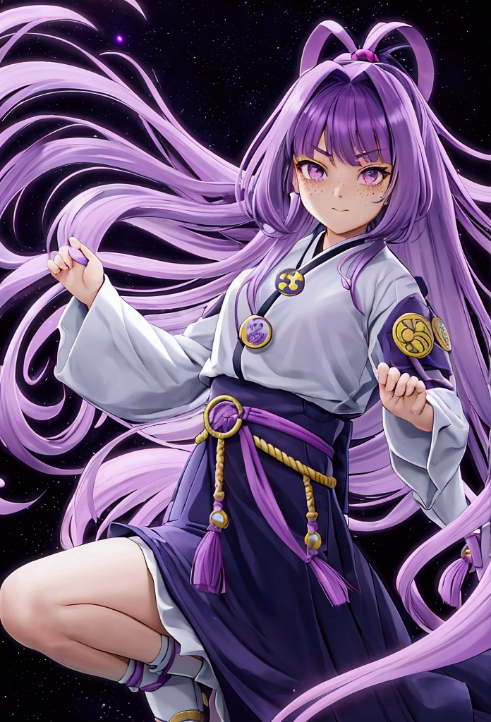 Hikari Hyuga, a 12 year old girl with long hair with curtain fringe, purple hair not very dark but with light, white eyes, dressed as a ninja, elegant yet functional outfit, clear skin, light freckles, wavy hair with naruto style clothes