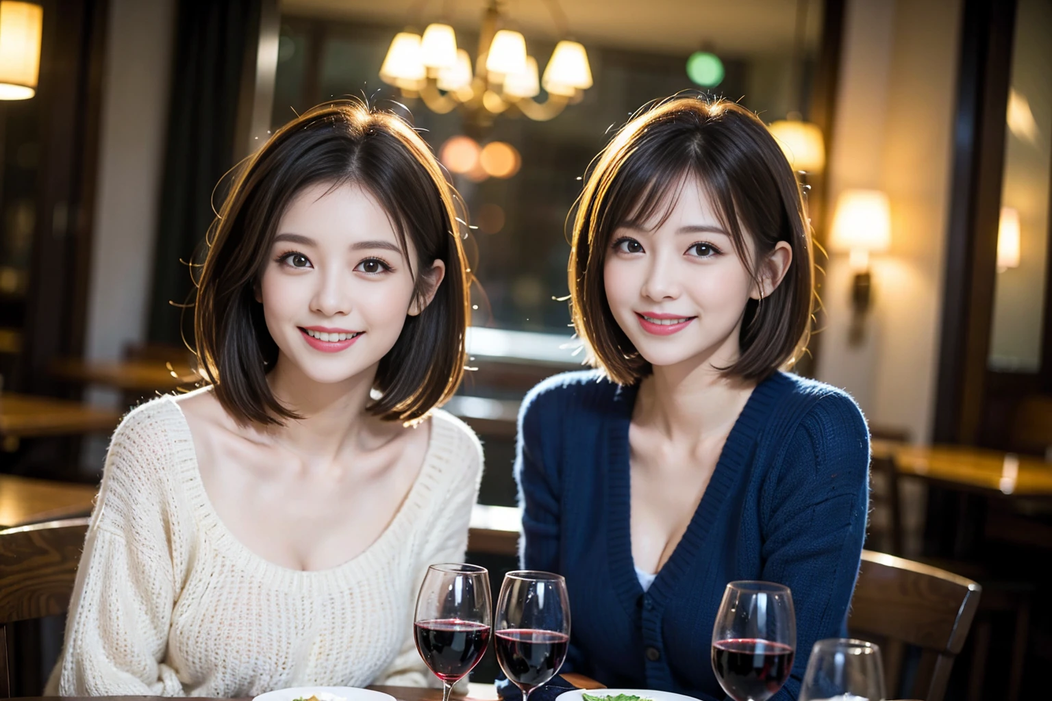 ((Highest quality、8k、masterpiece:1.3))、Shortcuts、cute、slimカップル、modelカップル、actress男優、(Realistic, Intricate details:1.2), full-course dinner、Wine Party、Amazing view of the sunset sky and clouds、A bright smile、short hair,Bright Face、45 years old), 42 years old, red wine 、Appetizers、Italian food、Wine bottle、Champagne、sparkling wine、Two beauties、Brown Hair、Shortcuts、Long sleeve shirt、dress、Beautiful woman 1, (slimな顔), (The body is slim), (Brown Hair), (Shortcuts), cheeks turn a little red,Attractive beauty、restaurant, In a prominent place (From the waist up) Nova Frog Style, actress, model, Upper Body, White wine, slim, wine glass, 中央に置かれたwine glass, smile, (smile: 1.15), Beautiful fine grain, Depth f/2,saturation, High Contrast, Strong light and shadow,Moist Body:1.5、3D texture、Delicate eyes、Brown Hair、The hair is very shiny、