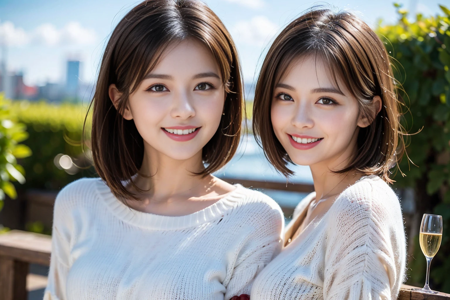 ((Highest quality、8k、masterpiece:1.3))、Shortcuts、cute、slimカップル、modelカップル、actress男優、(Realistic, Intricate details:1.2), full-course dinner、Wine Party、Amazing view of the sunset sky and clouds、A bright smile、short hair,Bright Face、45 years old), 42 years old, red wine 、Appetizers、Italian food、Wine bottle、Champagne、sparkling wine、Two beauties、Brown Hair、Shortcuts、Long sleeve shirt、dress、Beautiful woman 1, (slimな顔), (The body is slim), (Brown Hair), (Shortcuts), cheeks turn a little red,Attractive beauty、restaurant, In a prominent place (From the waist up) Nova Frog Style, actress, model, Upper Body, White wine, slim, wine glass, 中央に置かれたwine glass, smile, (smile: 1.15), Beautiful fine grain, Depth f/2,saturation, High Contrast, Strong light and shadow,Moist Body:1.5、3D texture、Delicate eyes、Brown Hair、The hair is very shiny、