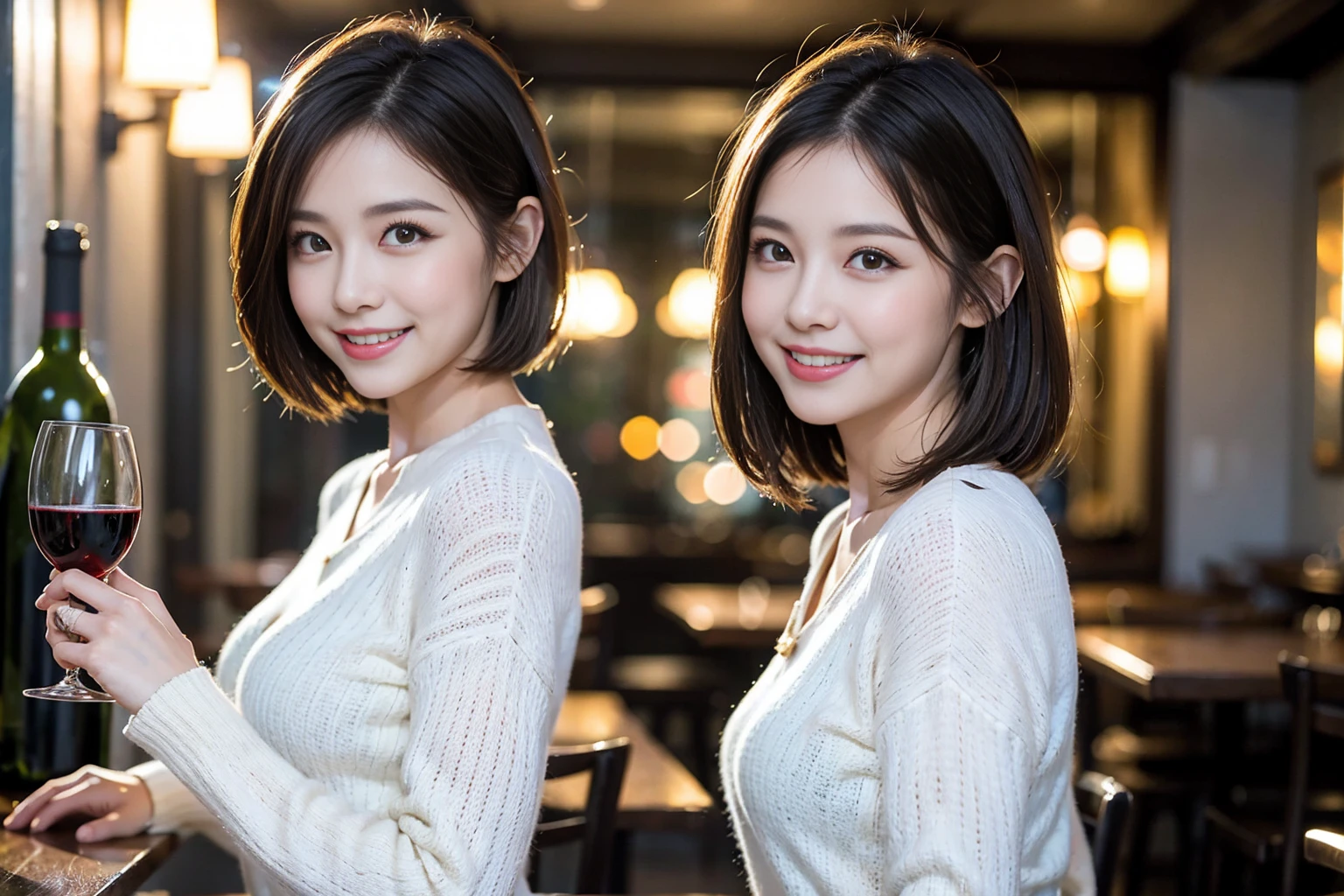 ((Highest quality、8k、masterpiece:1.3))、Shortcuts、cute、slimカップル、modelカップル、actress男優、(Realistic, Intricate details:1.2), full-course dinner、Wine Party、Amazing view of the sunset sky and clouds、A bright smile、short hair,Bright Face、45 years old), 42 years old, red wine 、Appetizers、Italian food、Wine bottle、Champagne、sparkling wine、Two beauties、Brown Hair、Shortcuts、Long sleeve shirt、dress、Beautiful woman 1, (slimな顔), (The body is slim), (Brown Hair), (Shortcuts), cheeks turn a little red,Attractive beauty、restaurant, In a prominent place (From the waist up) Nova Frog Style, actress, model, Upper Body, White wine, slim, wine glass, 中央に置かれたwine glass, smile, (smile: 1.15), Beautiful fine grain, Depth f/2,saturation, High Contrast, Strong light and shadow,Moist Body:1.5、3D texture、Delicate eyes、Brown Hair、The hair is very shiny、