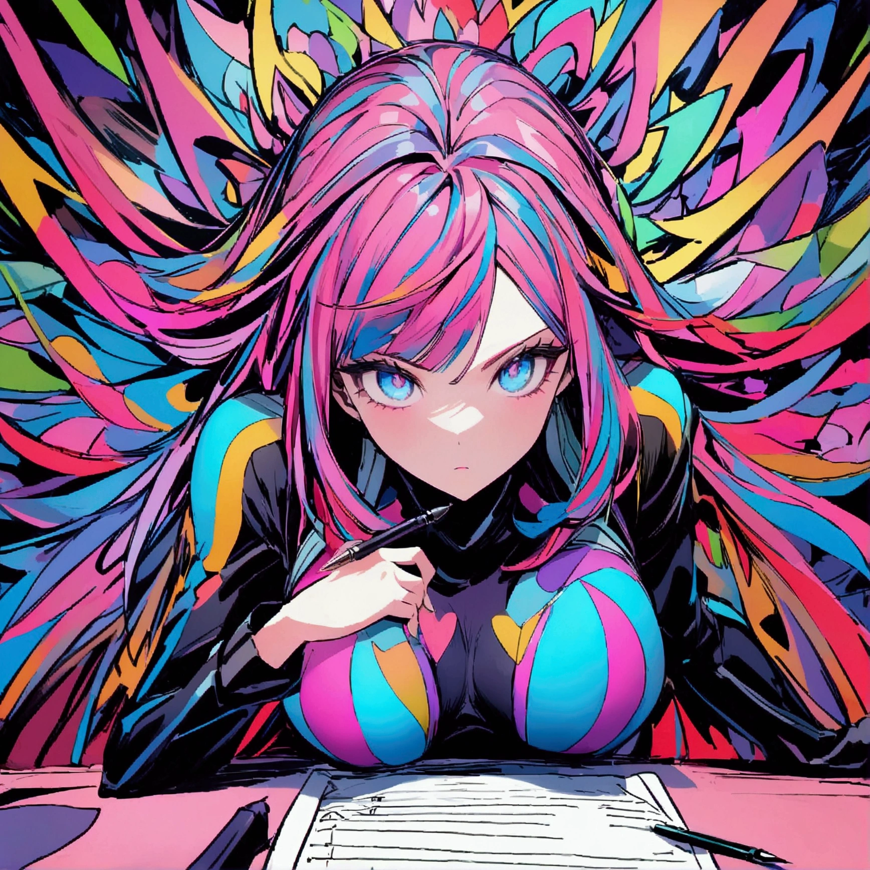 Sitting in front of a table、Write notes with a pen、than'It's incredible speed!、pink hair woman、blue colored eyes