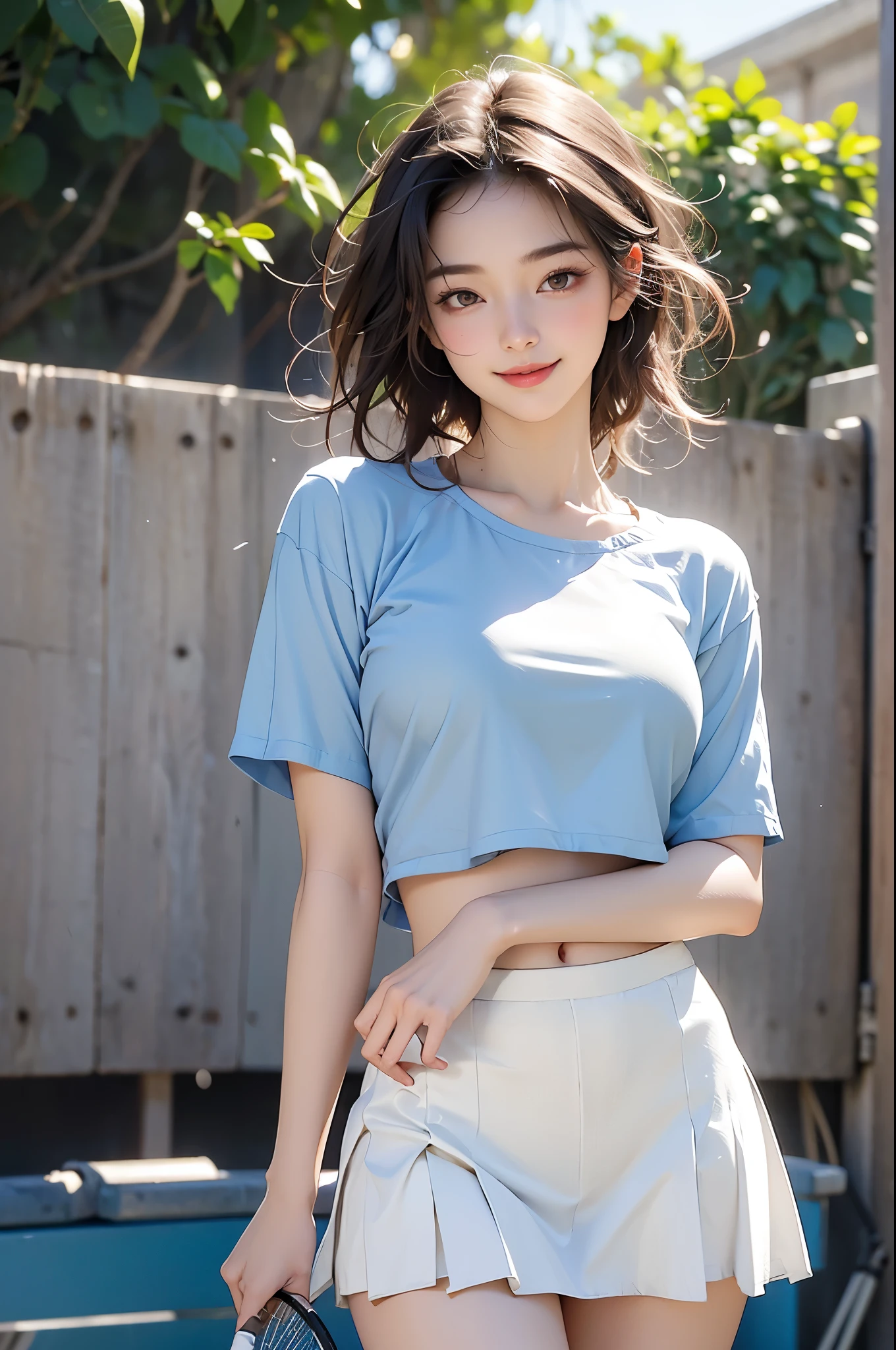1 Girl,blush,eyelash,(Half bun:0.1),Messy hair,cosmetic,powder blusher,Beautifully detailed big round dark brown eyes,Double eyelids,Supermodel,Delicate and radiant pale skin,Smile,Looking at the audience,
Large Breasts,
Wangqiu,Blue shirt,Vague,Vague background,lens flare,Light,Lips,Looking at the audience,Short sleeve,Smile,Solitary,Sportswear,permanent,tennis court,,White skirt,wind,(Bare thighs),cleveage,
masterpiece,best quality,high quality,high resolution,Natural light,Light追踪,Volumetric Light,Practical,photoPractical,ultra high resolution,