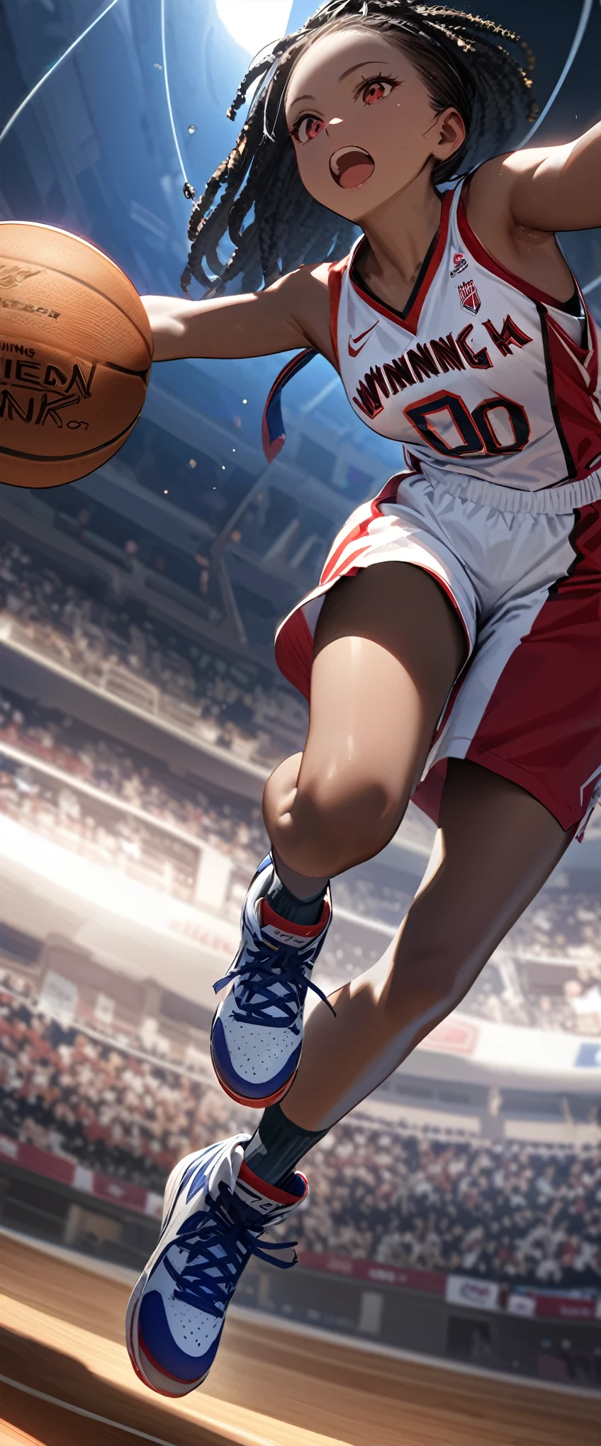 quality\(8k,wallpaper of extremely detailed CG unit, ​masterpiece,hight resolution,top-quality,top-quality real texture skin,hyper realisitic,increase the resolution,RAW photos,best qualtiy,highly detailed,the wallpaper,cinematic lighting,ray trace,golden ratio\), BREAK ,1girl\(hanging at basketball_ring\((dunk_shoot\((winning_dunk:1.5)\):1.5)\),beautiful, sweaty, breast,jumping high,muscularity, basketball uniform, basketball shoes, tall, black skin, dreadlocks\), 6+girl\(teammates,American, basketball uniform, basketball shoes, running to her\(great joy,excited\)\), (electric_timer says '00:00':1.5), from below, dynamic pose, dynamic angle, basketball coat,studium\(United Center\), many excited spectators,(stadium shaking with loud cheers:1.3),very historical photo,The Pulitzer Prize photo,photo\(high_speed_shutter\)
