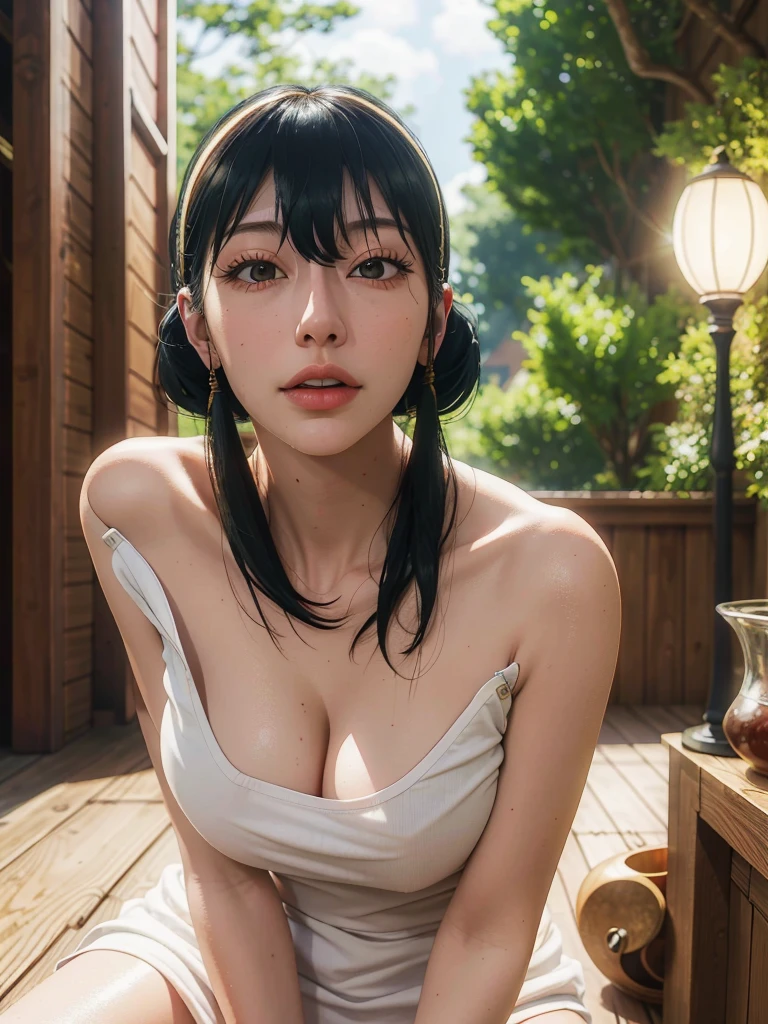 top-quality, (​masterpiece), hight resolution, A detailed illustration, Halfway between anime and reality, Dense face, One girl, 独奏, Beautiful sister, petite body type, Cute:1.1, (Hot spring inn deep in the mountains, outdoor bath, steam:1.2, take bath, Liberation), (barechested, The nipple is visible), (perspiring, red blush:1.1), Good Style, (Shorthair:1.1, wetting hair), Realistic skin type, full body photographed, Looking at the camera from the front, Professional Photographer, (Healing facial expressions, relaxation), Show your teeth and smile, A detailed eye, Clean double eyelids, Detailed lips, (NSFW)