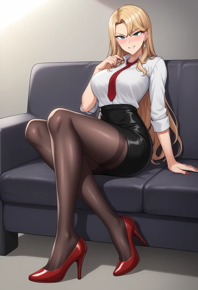 1girl, Reika Kurashiki, Reika Kurashiki from Saimin Seishidou, blonde hair, angry expression, siting on couch, in personal office, sunset lightning, ((extremely big breasts, extremely wide hips, extremely big ass)), red high heels with black pantyhose, red pencil skirt, white office shirt under red office jacket,