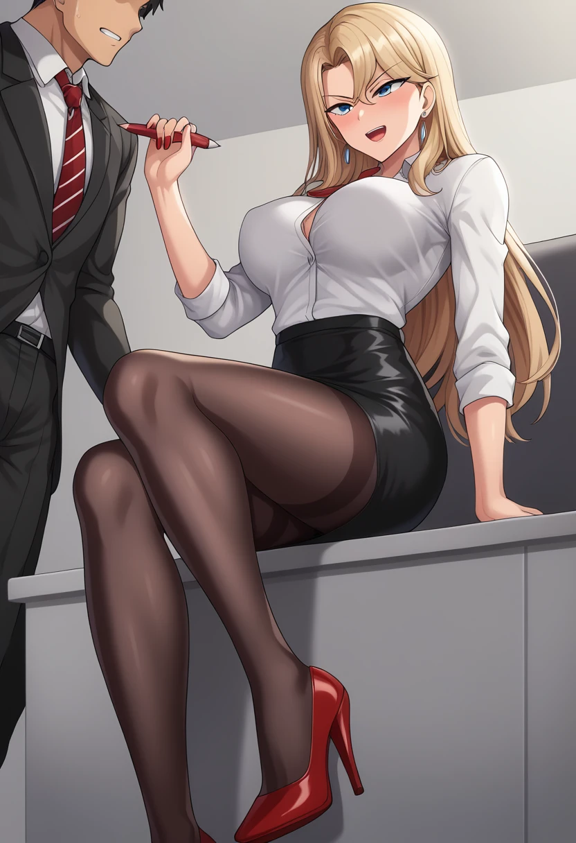 1girl, Reika Kurashiki, Reika Kurashiki from Saimin Seishidou, blonde hair, angry expression, siting on couch, in personal office, sunset lightning, ((extremely big breasts, extremely wide hips, extremely big ass)), red high heels with black pantyhose, red pencil skirt, white office shirt under red office jacket,