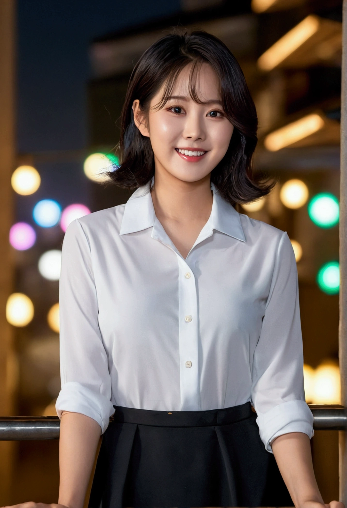 gender, woman, Year: 28, (model, Kim Seo-hyun, South Korea名人), (Highest quality:1.2, 8k resolution, High resolution:1.2), (Asia, South Korea, good looking:1.4), White shirt, Black Short Hair, Nice, Fair skin, Formal dress code, (At night在路上:1.4), At night, bar, Dim lighting, Devastation, HD 8k images, masterpiece:1.2, A confident smile, Beautiful shape,