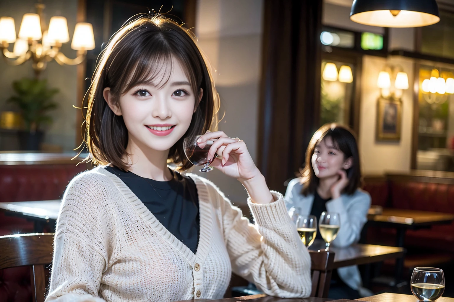 ((Highest quality、8k、masterpiece:1.3))、Shortcuts、cute、slimカップル、modelカップル、actress男優、(Realistic, Intricate details:1.2), full-course dinner、Wine Party、Amazing view of the sunset sky and clouds、A bright smile、short hair,Bright Face、45 years old), 42 years old, red wine 、Appetizers、Italian food、Wine bottle、Champagne、sparkling wine、Two beauties、Brown Hair、Shortcuts、Long sleeve shirt、dress、Beautiful woman 1, (slimな顔), (The body is slim), (Brown Hair), (Shortcuts), cheeks turn a little red,Attractive beauty、restaurant, In a prominent place (From the waist up) Nova Frog Style, actress, model, Upper Body, White wine, slim, wine glass, 中央に置かれたwine glass, smile, (smile: 1.15), Beautiful fine grain, Depth f/2,saturation, High Contrast, Strong light and shadow,Moist Body:1.5、3D texture、Delicate eyes、Brown Hair、The hair is very shiny、
