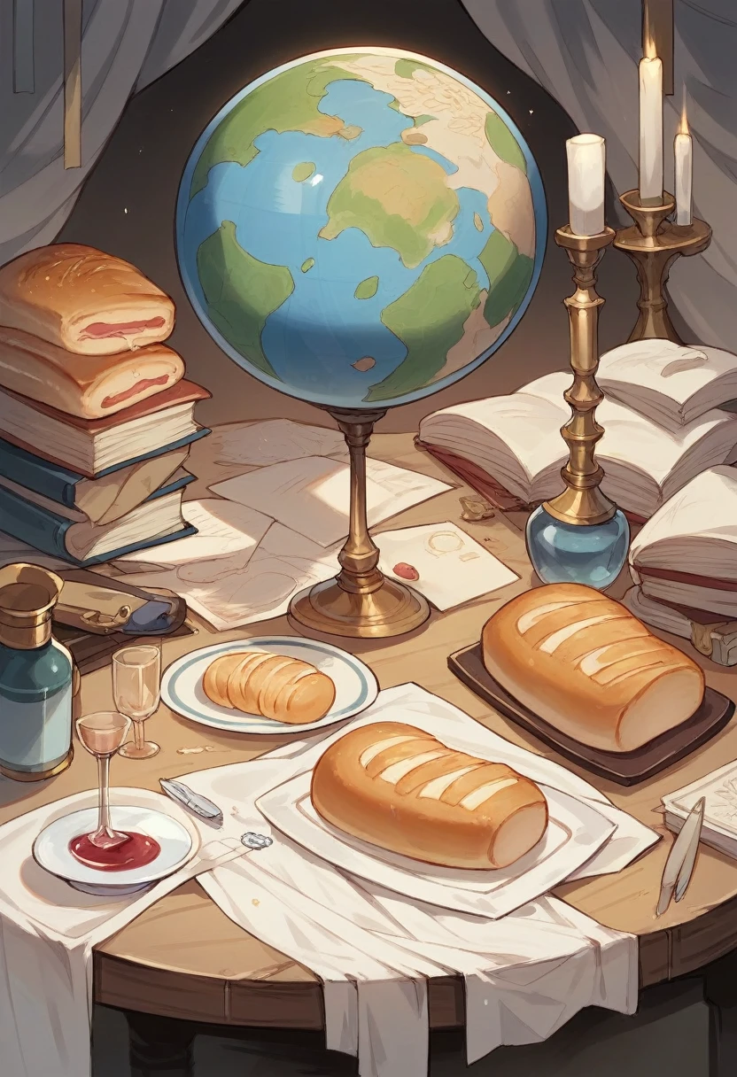 Background Drawing Description:
A globe as a background, symbolizing the whole world.
Center of the drawing:
A table with bread and wine Additional Elements:
on the table, a chalice and a radiant host to symbolize the presence of Christ in the Eucharist.