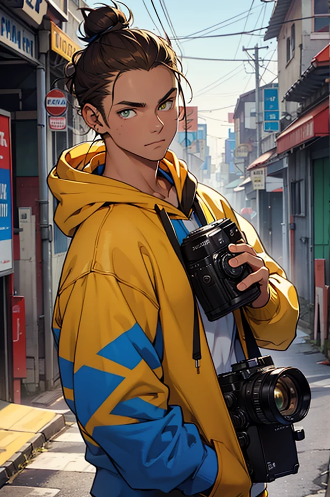 Blue and yellow eyes, holding old school camera in hand, hoodie on, thick brown hoodie, male, fair skin. 20 years old, brown hair in messy bun