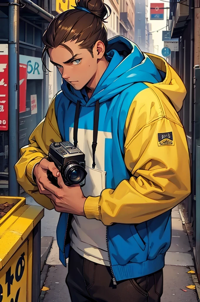 Blue and yellow eyes, holding old school camera in hand, hoodie on, thick brown hoodie, male, fair skin. 20 years old, brown hair in messy bun