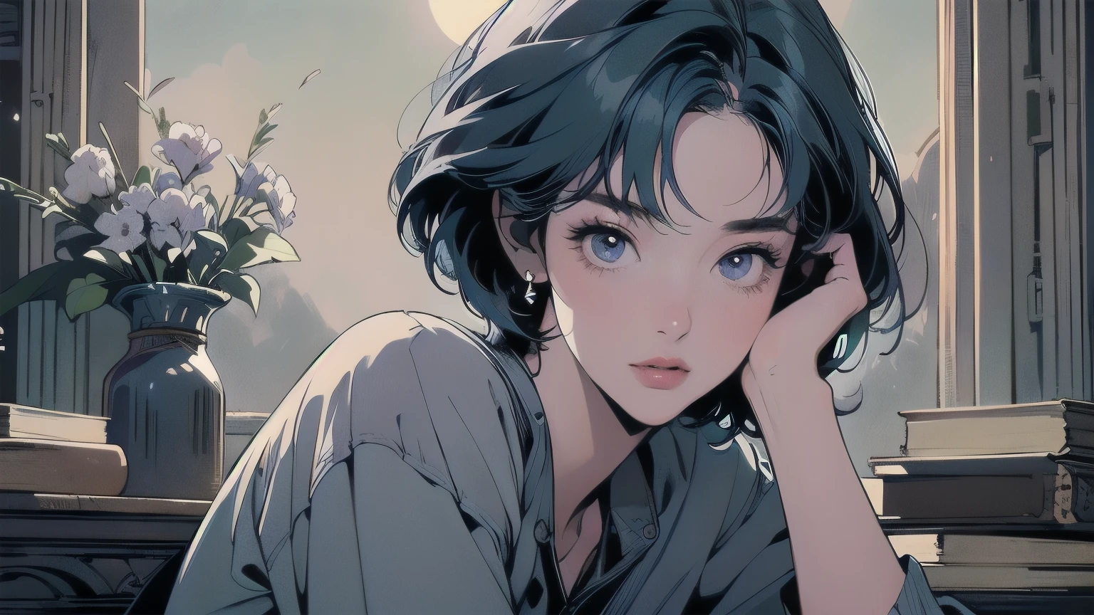 (((masterpiece, highest quality)))、(((32k wallpaper)))、Detailed Machinery、Abandoned Library、Broken Library、Dusty bookshelf。((((moonlight)))、(((Many books)))、(((Perfect Woman)))、Beautiful woman、(((Detailed face)))、Detailed Hair、Flat Chest、(((The most beautiful face)))、(((Beauty)))、Faint lighting、Light on the face、Sparkling Eyer.々Angle、(((Cowboy Shot)))、Blue hair color、(((Dull colors)))、short hair、In the vast library