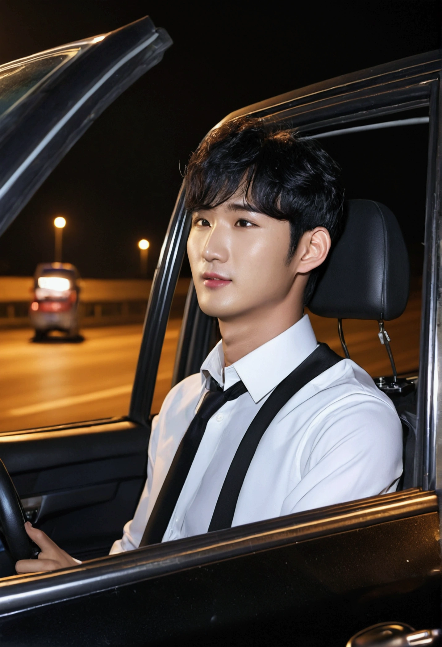 Gender, female, 28 years old, (model, Kim Soo hyun, Korean celebrity), sitting in the passenger seat of a small car, side view, (best quality: 1.2, 8K resolution, high resolution: 1.2), (Asian, Korean, handsome: 1.4), white shirt, short black hair, good-looking, fair skin, formal dress requirements, (on the road at night: 1.4), night, bar, dim lights, abandoned, high-definition 8K image, masterpiece: 1.2, confident smile, beautiful shape,